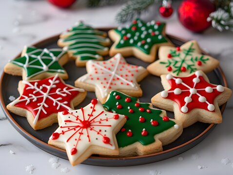 Festive Christmas Cookies: A plate laden with beautifully decorated Christmas cookies in various festive shapes, offering a delightful treat for the holiday season.  - Powered by Adobe