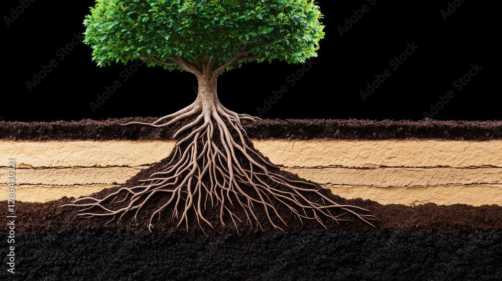 Poster weathering process concept. a vibrant tree with visible roots illustrating connection to the earth a