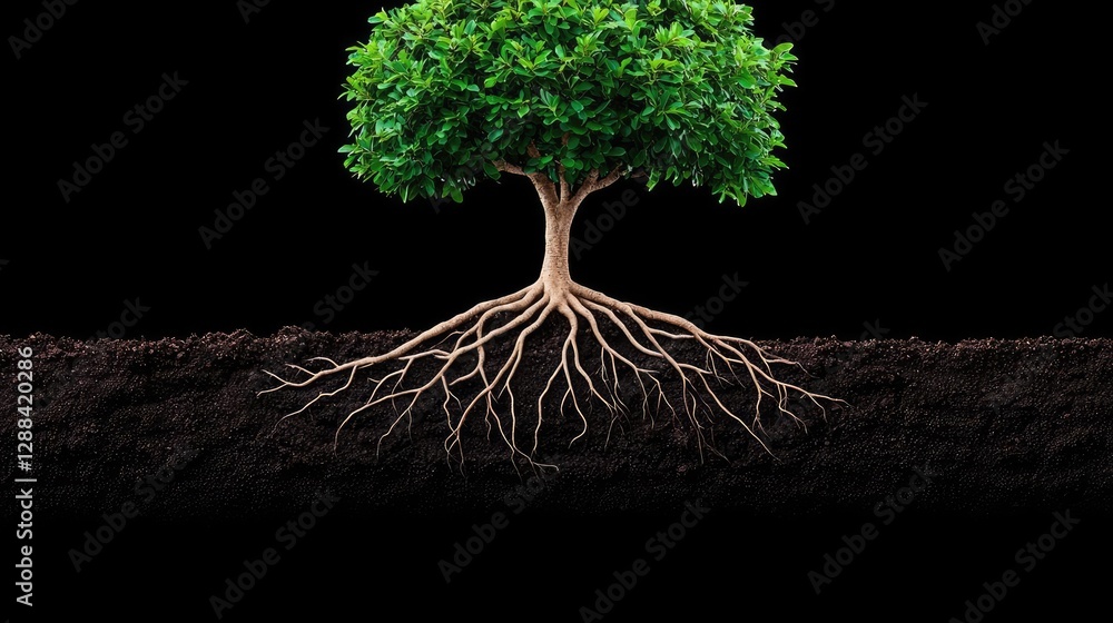 Poster weathering process concept. a vibrant green tree with a detailed root system over a black background