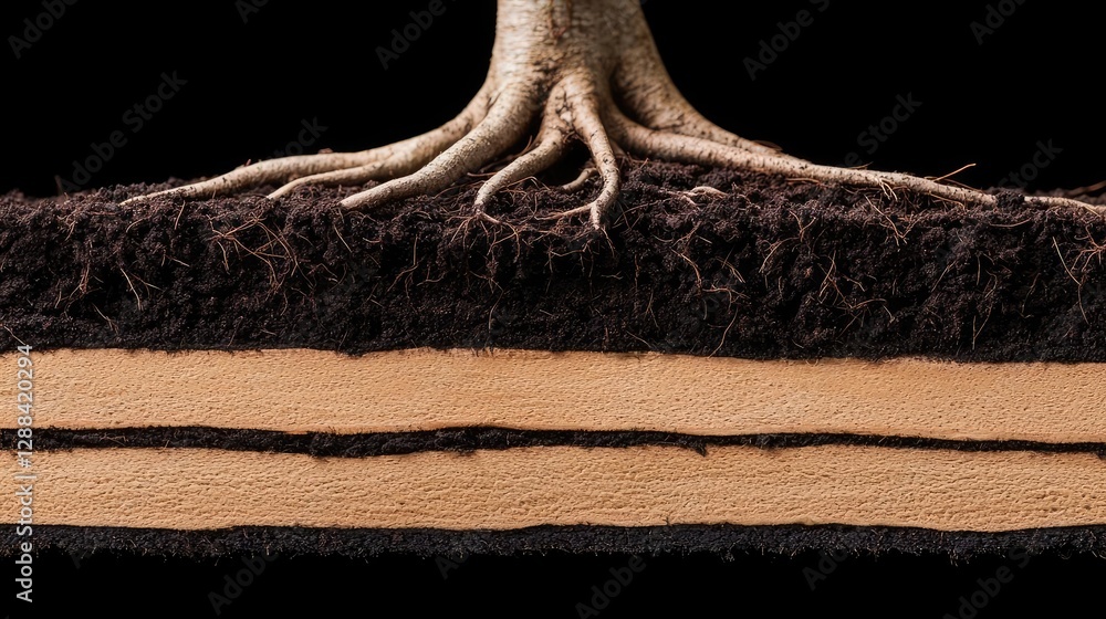 Poster weathering process concept. a close-up view of a tree's root system in rich soil layers, highlightin