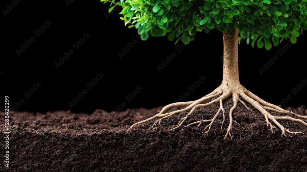 Poster Weathering process concept. A close-up view of a tree's roots in rich soil, symbolizing growth and stability.