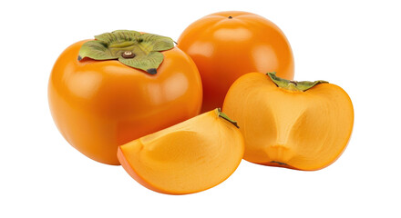 Fresh Persimmon Fruits Whole and Sliced Close-up on a Black Background
