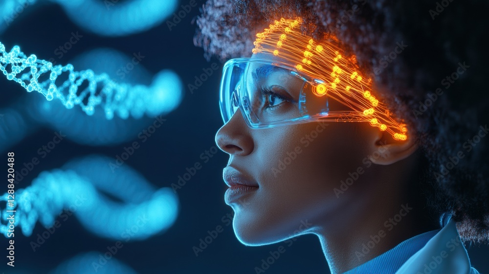 Poster Futuristic Biotech Lab AI-Powered Genetic Analysis Display with Neon Interfaces - Cutting-Edge Healthcare Innovation for Genomics and Personalized Medicine