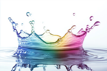 Glowing water droplets create a vibrant splash with prismatic effects on a white background