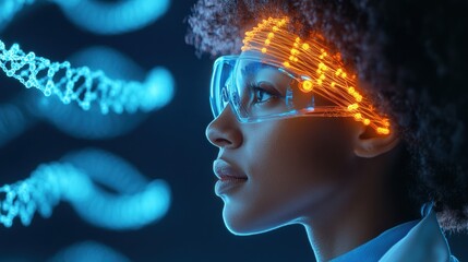 Futuristic Biotech Lab AI-Powered Genetic Analysis Display with Neon Interfaces - Cutting-Edge Healthcare Innovation for Genomics and Personalized Medicine