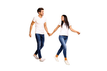 Come with me honey! Full body photo of two people walking down street for shopping wear casual...