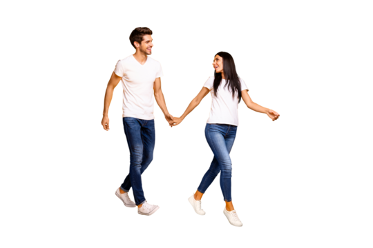 Come with me honey! Full body photo of two people walking down street for shopping wear casual clothes isolated yellow color background - Powered by Adobe