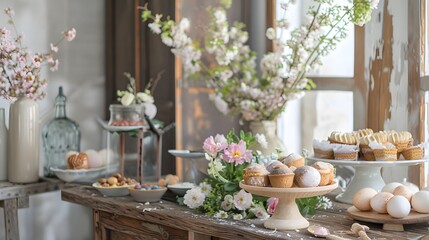 A serene countryside setting with a wooden table filled with painted eggs, flowers, and Easter treats.