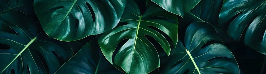 Lush verdant and vibrant tropical foliage backdrop featuring a dense arrangement of monstera leaves palm fronds and other exotic plants  The image showcases the rich