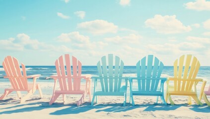 Pastel Adirondack Chairs Facing the Ocean on a Sunny Day