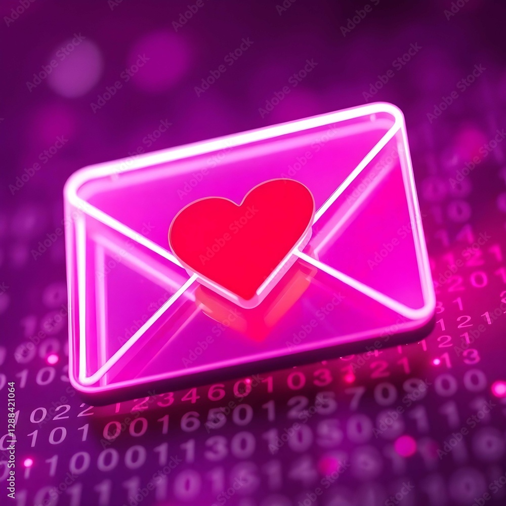 Poster A pink envelope with a red heart glows amidst a digital backdrop of binary code, symbolizing love in the digital age
