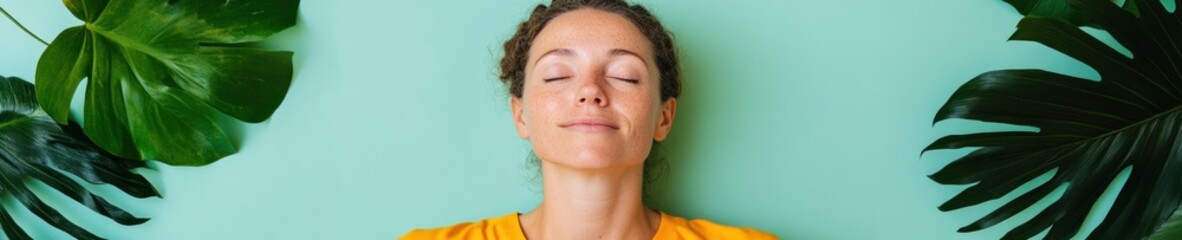 Obraz premium Mindful Living Young Woman Meditating Among Tropical Plants - Enhancing Wellness Content and Stress Management Strategies with Natural Light and Serene Aesthetics