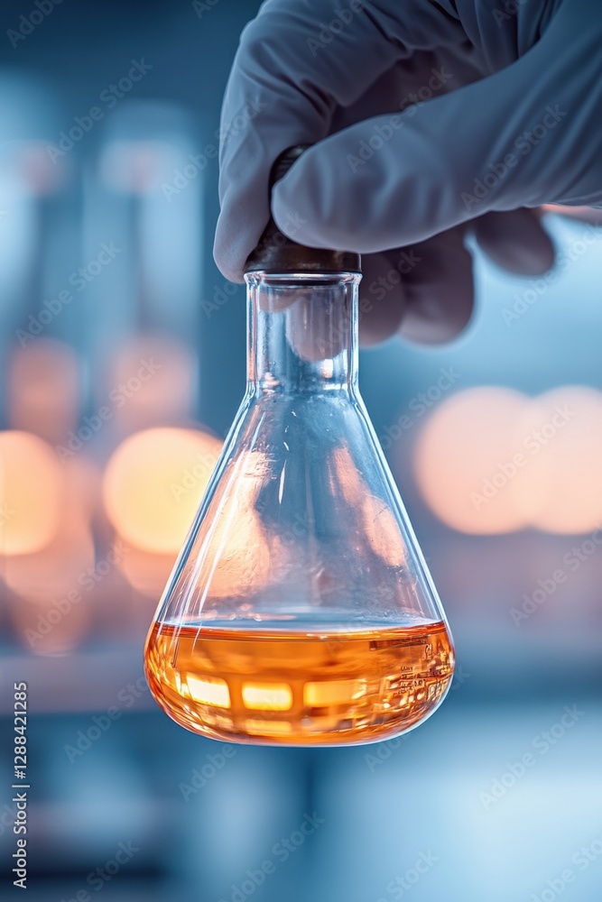 Aufkleber Futuristic Lab Setup Gloved Hand with Erlenmeyer Flask in Ambient Light - Scientific Experimentation and Safety Protocols for Innovative Research