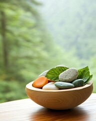 Forest-Inspired Wellness Display Minimalist Wooden Bowl with Herbs and Stones on Rustic Spa Table - Holistic Health Branding and Eco-Friendly Retreat Merchandising