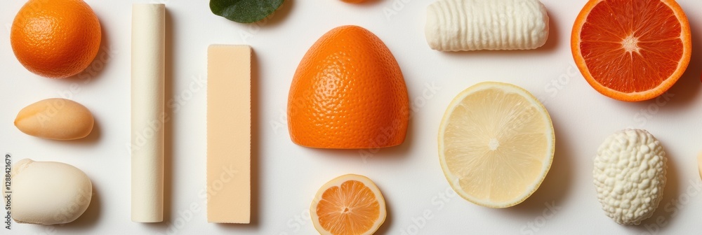 Aufkleber vibrant educational play display assorted citrus-inspired elements on minimalist surface - sensory e