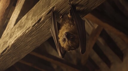 Nocturnal Creature: A Bat Hanging Upside Down in an Attic