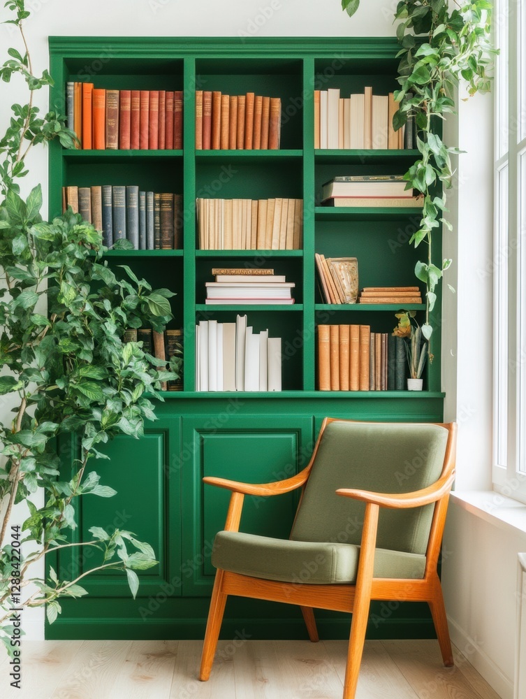 Aufkleber scandinavian minimalism built-in green bookshelf with rainbow-organized books and windowed reading n