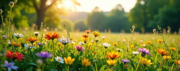 Obraz premium Lush Latvian meadow bursting with diverse wildflowers during the solstice , meadow, green, solstice