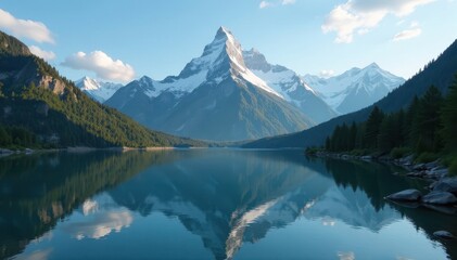 Fototapeta premium Majestic mountain range reflected in calm river, blue, dusk