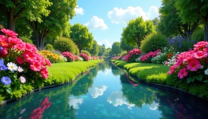 Fototapeta premium Mirrored garden, colorful flowers against azure , macro, sunshine