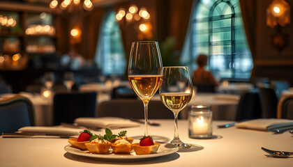 Obraz premium Romantic Fine Dining with Soft Lighting and Wedding Menu Service