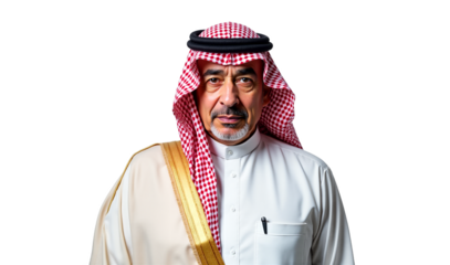 Dignified senior Saudi man portrait isolated on transparent background. Authentic Middle Eastern elder in keffiyeh, thobe. Ideal for cultural content, heritage, serious themes, presentations.