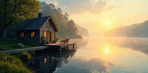 Fototapeta premium Misty morning sun on charming cottage dock overlooking calm lake , building, dock