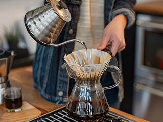 Pour Over Coffee Ritual: A person is carefully pouring hot water from a silver gooseneck kettle over freshly ground coffee beans in a glass pour-over carafe, creating a rich and aromatic brew.