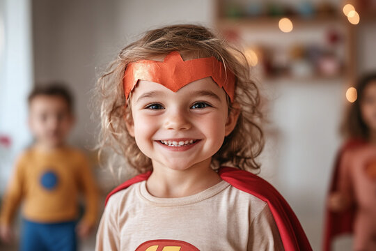 Children in hero costumes and masks are having fun on a Superhero birthday party