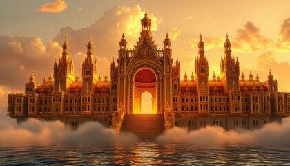 Obraz premium golden city floats on clouds above a body of water