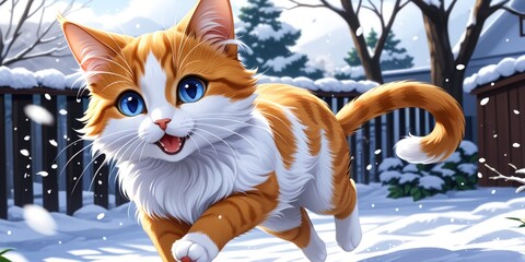 Playful ginger cat enjoying a snowy day outdoors with blue eyes and fluffy fur