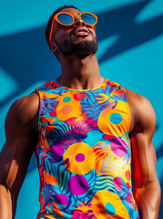 Man in colorful t-shirt with vibrant tropical print, on a colorful background. Photography for advertising Carnival and summer in Brazil: fashion, culture and lifestyle in an explosion of colors