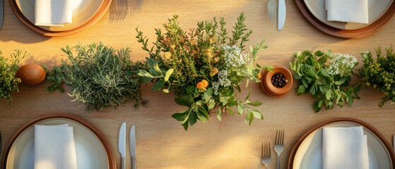 Rustic Tablescape Communal Dining with Biophilic Garnishes on Wooden Surface - Social Gathering Content and Eco-Friendly Event Promotion
