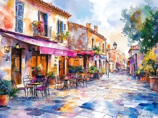 Obraz premium Charming European Cafe Street Scene Watercolor Painting Style Art