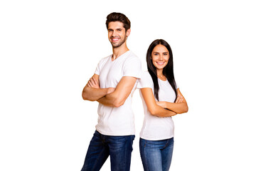 Photo of cool pair lady and guy working together beat partners crossing arms wear casual outfit isolated yellow color background