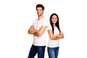 Photo of cool pair lady and guy working together beat partners crossing arms wear casual outfit isolated yellow color background