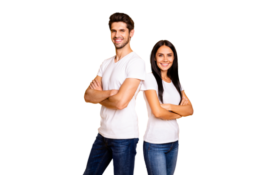 Photo of cool pair lady and guy working together beat partners crossing arms wear casual outfit isolated yellow color background