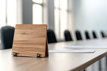 Obraz premium Business meeting table with empty wooden tablet on conference desk