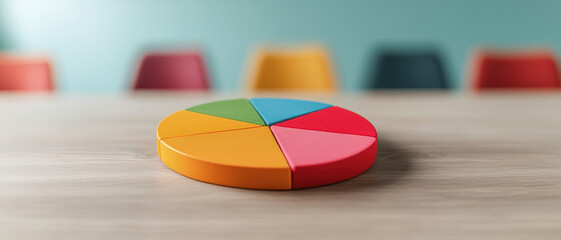 Colorful pie chart segments on wooden table business report