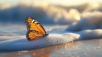 Obraz premium a butterfly rests on the beach, its delicate wings catching the light as the waves break in the background.