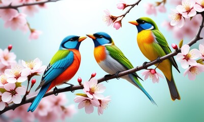 Fototapeta premium Colorful birds perched among cherry blossoms on a branch in springtime blooms