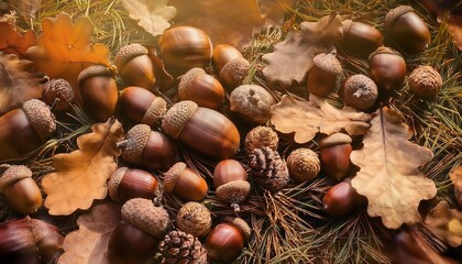 Autumn still life with acorns, pinecones and dry oak leaves on pine needles