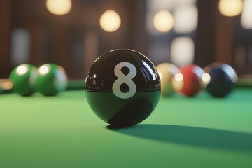 Black eight ball stands on green billiard table in blurred pool hall