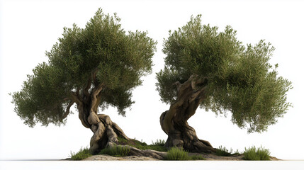 Olive grove featuring gnarled ancient trees isolated against a white background creating a serene environment