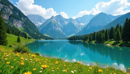 Fototapeta premium Serene blue lake nestled in alpine meadow, majestic mountains rise , grass, scenic