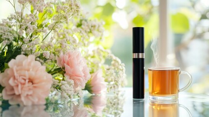 Vaping device on a glass table with fresh flowers and a cup of tea beside it. Featuring calmness and indulgence