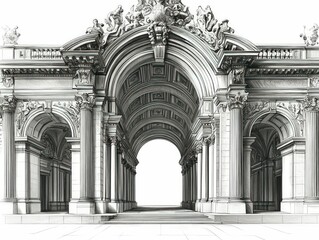 Grand architectural entrance, majestic columns, ornate details.
