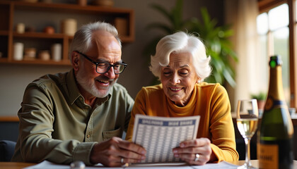 Happy elderly couple celebrating lottery win at home