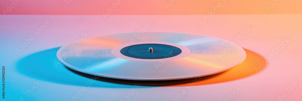 Poster Holographic Chic White Vinyl Record with Digital Wave Label on Dynamic Backdrop - Contemporary Design for Music Marketing and Visual Branding in Tech-Driven Industries