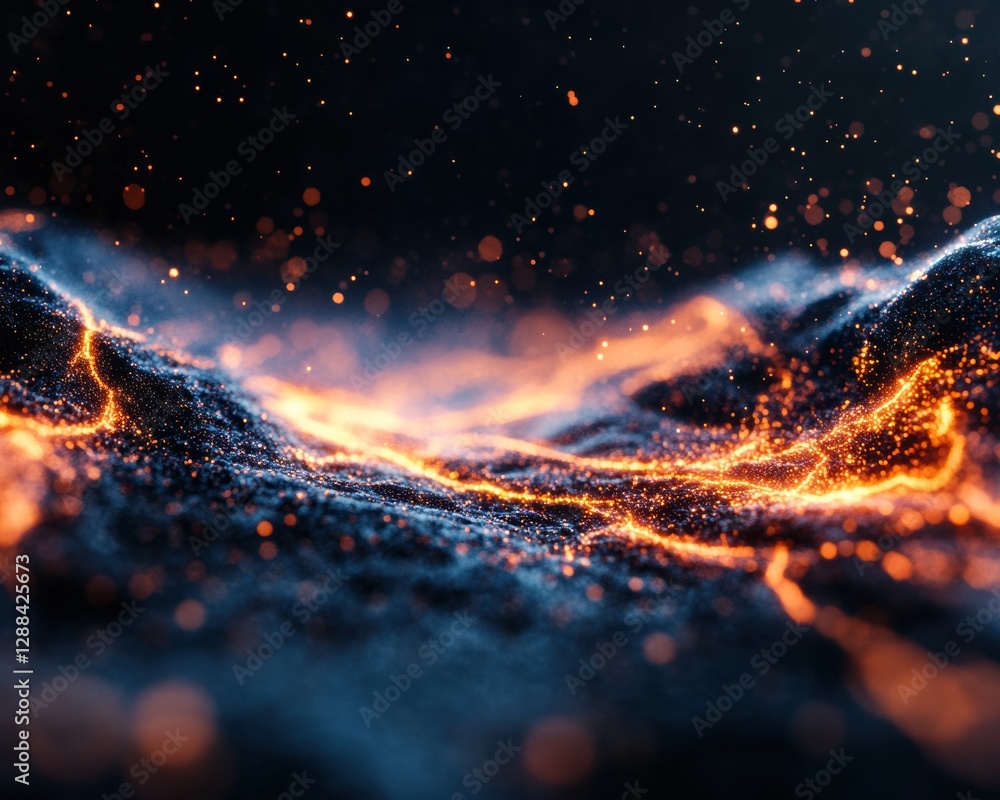 Fototapete Digital Cosmic Visualization Abstract Network in Deep Space with Glowing Particle Streams - Advanced Data Representation and Tech Innovation for Digital Marketing